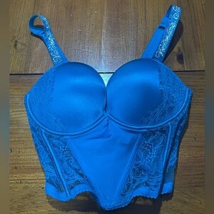 Victorias Secret Blue Very Sexy Pushup Lace‎ Rhinestone Corset Bra Size 32D